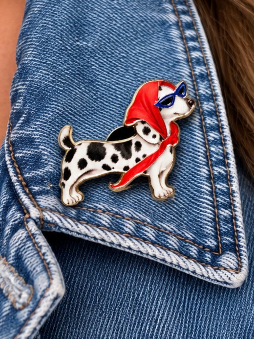 Dalmatian Dog Enamel Pin Brooch Red Scarf Sunglasses Retro Glam Pet Lover Gift